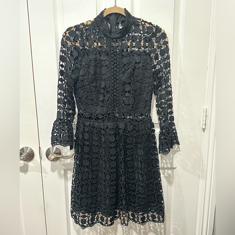 Black Lace Long-Sleeve Fit & Flare Dress